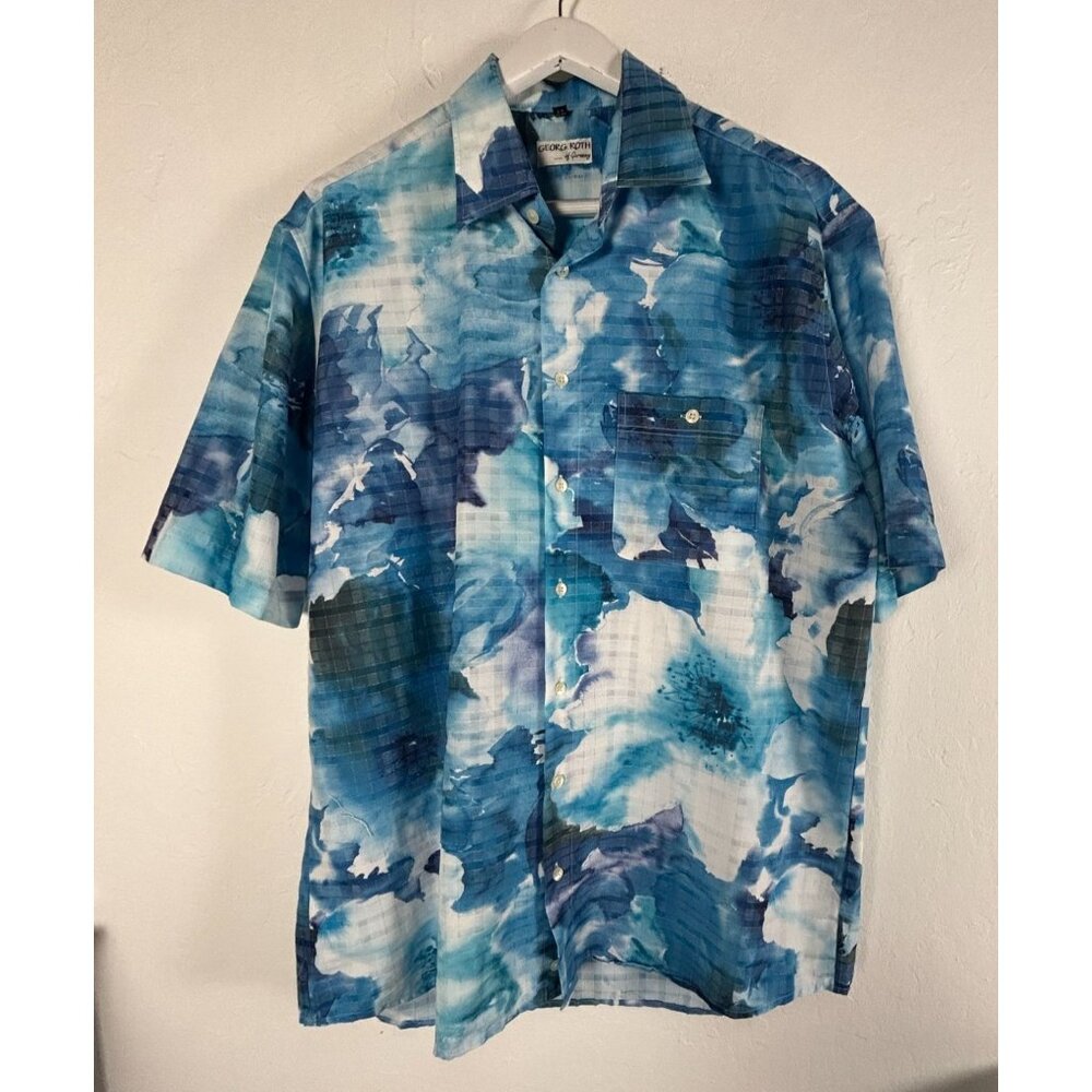 Georg Roth Mens Blue White Watercolor Short-Sleeve Button-Up Shirt  L/4 41/42
